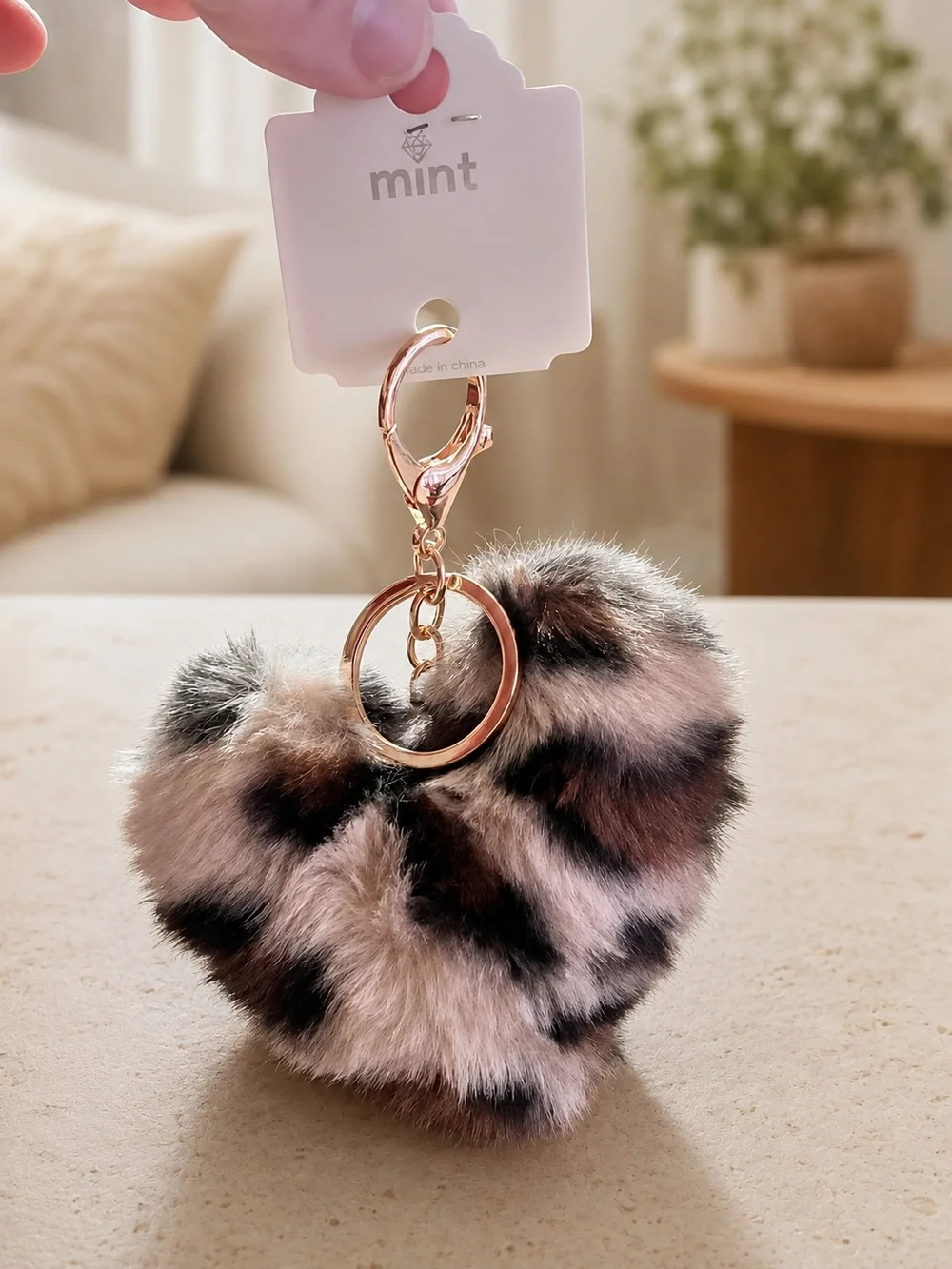Mint Faux Fur Heart Keychain with Rose Gold Hardware - Brown, Black, Cream